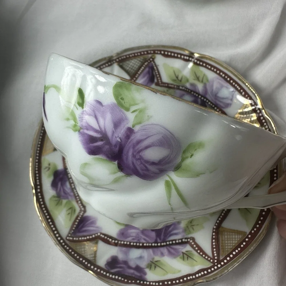 Antique‎ Nippon Hand Painted Teacup Saucer Duo Purple Rose Moriage 1911 Morimura